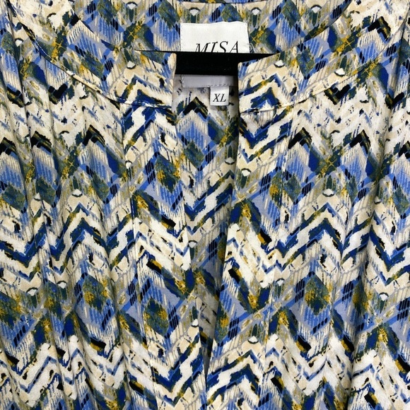 Misa Long Sleeve Maxi Dress Smocked Waist Blue White Geometric Print - Picture 6 of 10